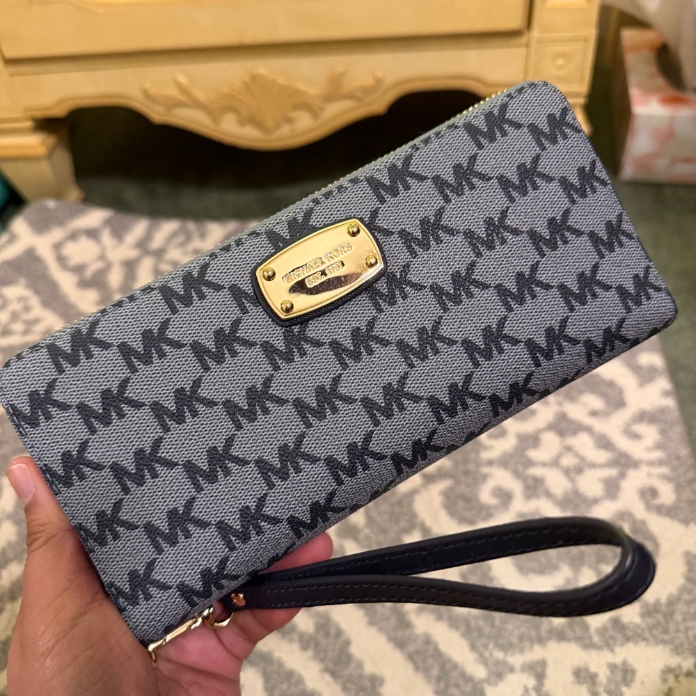 Michael Kors Gray and Black MK Logo Wristlet Clutch with Gold Plate